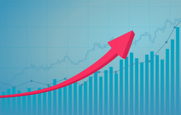 Red arrow tracking bar chart that is ascending in height